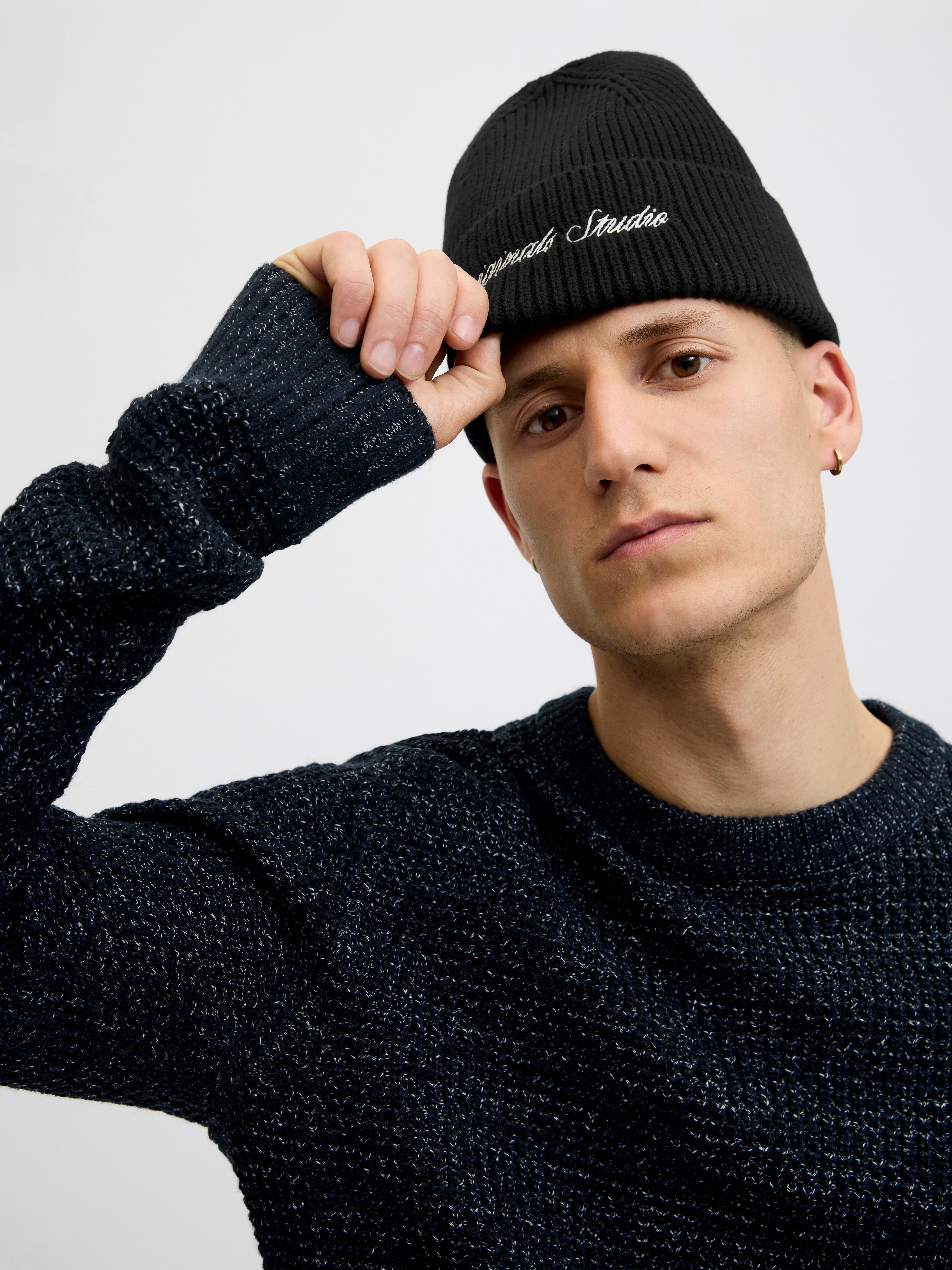 Beanie JACK & JONES "JACNORREBRO REGULAR BEANIE NOOS", Herren, schwarz, Strick, Baumwollmischung, unifarben, Mützen Beanie schwarz Einheitsgröße