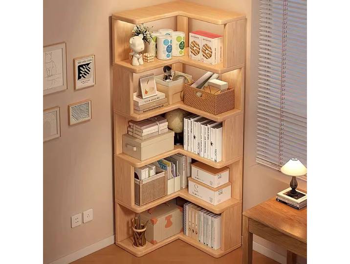 Bibliothèque d'angle en bois multicouche, armoire d'angle, étagère de rangement au sol, étagère de rangement, décorations pour la maison
