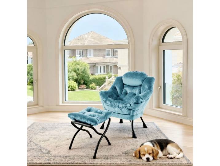 Fauteuil Relax avec Repose-Pied Poche Latérale - Fauteuil Rembourré Moderne - pour Salon Bureau - Bleu