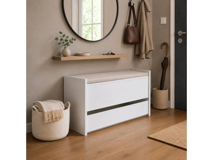 The White Stone Sitzbank mit Stauraum Weiß mit Unterer Schublade und Innenfach ; Flurbank Platzsparend mit Soft Close, Holzwerkstoff, Rechteckig, 40x46x40 cm, Esszimmer, Bank, Sitzbänke