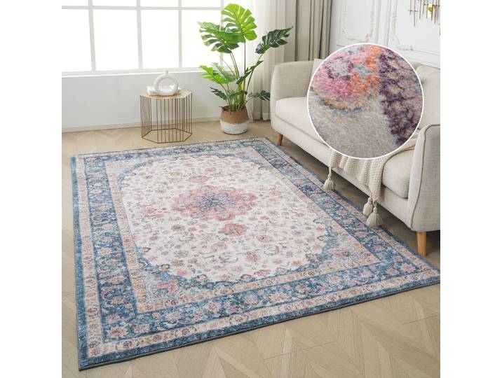 Teppich GOODPRODUCT Omar, Druckteppich, orientalisches Design, mehrfarbig, bedruckt , blau, B:60cm H:13mm L:90cm, Kunstfaser, Teppiche, Teppich, Orient-Optik, Vintage Design, weich, Wohnzimmer, Schlafzimmer