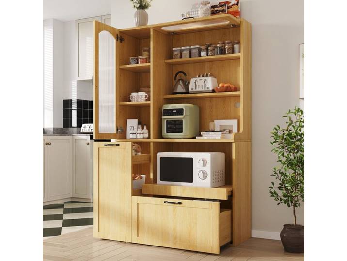 Buffet de cuisine avec étagères réglables et tiroir - ELVMI - verre cannelé MDF naturel 98 × 40 × 177 cm