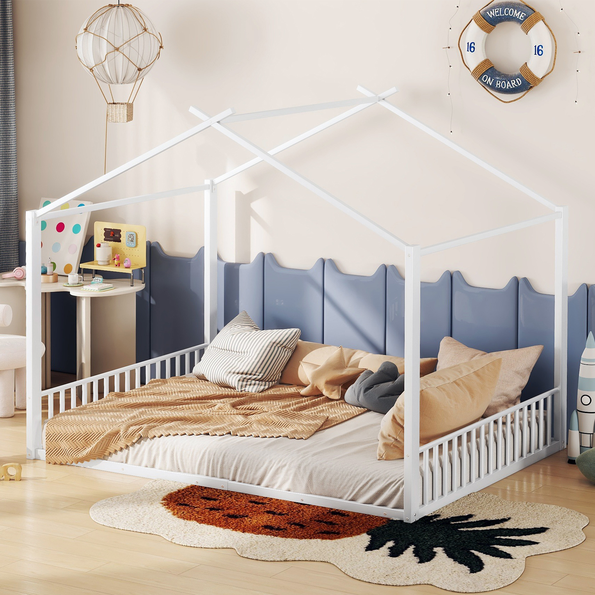 MODFU Kinderbett 140x200cm mit Matratze Hausbett mit Lattenrost,Metallbett Jugendbett mit Rausfallschutz,Weiß
