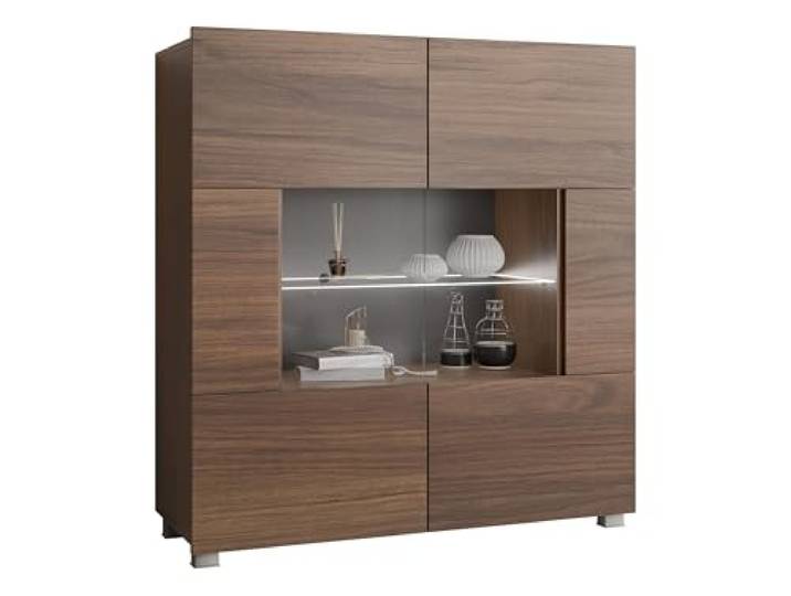 Mirjan24 Kommode Calabrini BR01 mit 2 Türen (Nuss Warmia, weißer LED) Moderne grifflose Kommode mit gehärtetem Glas und viel Stauraum für Wohn- und Schlafzimmer