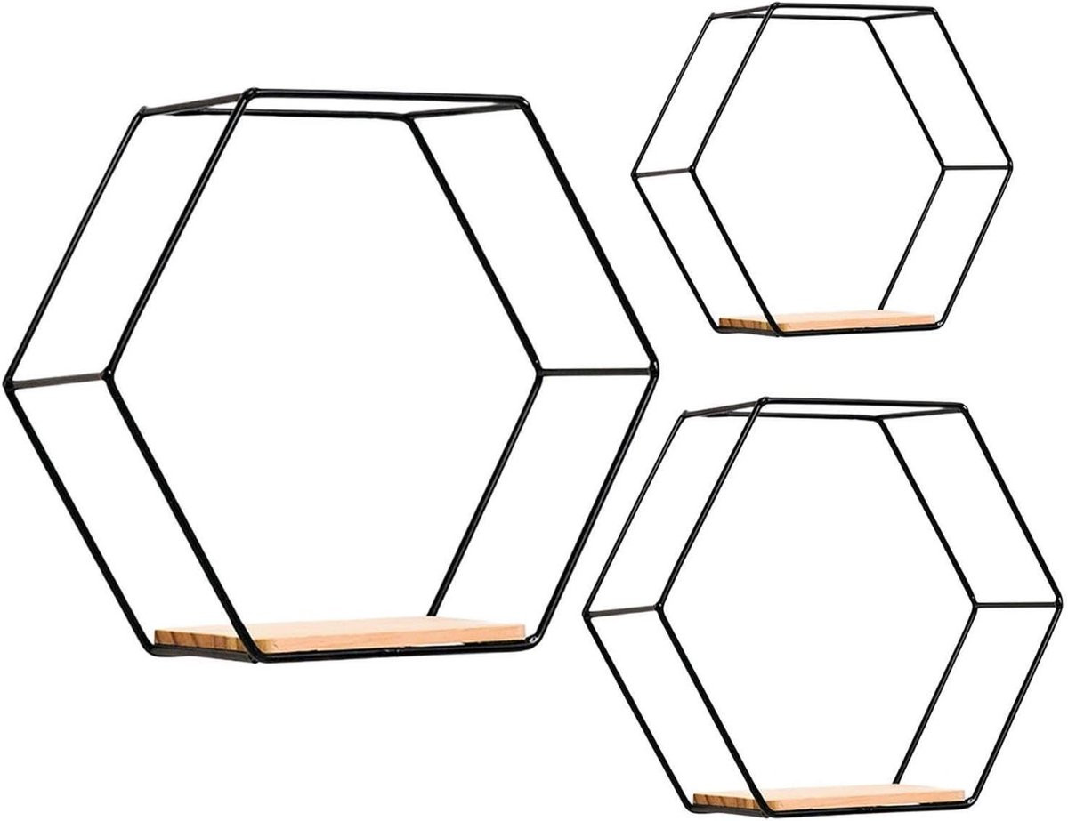 Set van 3 Zeshoekige Zwevende Wandplanken - Zwart