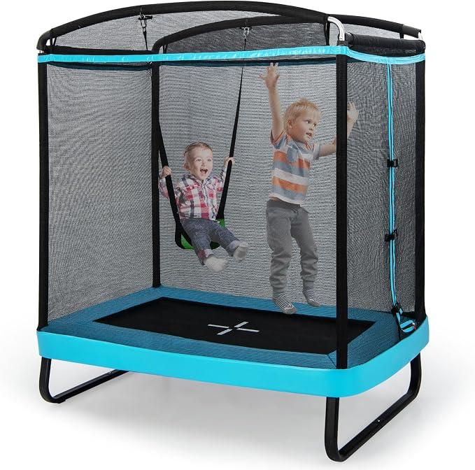 2 in 1 Kindertrampolin mit Schaukel, Gartentrampolin rechteckig mit Sicherheitsnetz & Randabdeckung, Indoor-/Outdoortrampolin für Kinder bis 100kg Belastbar
