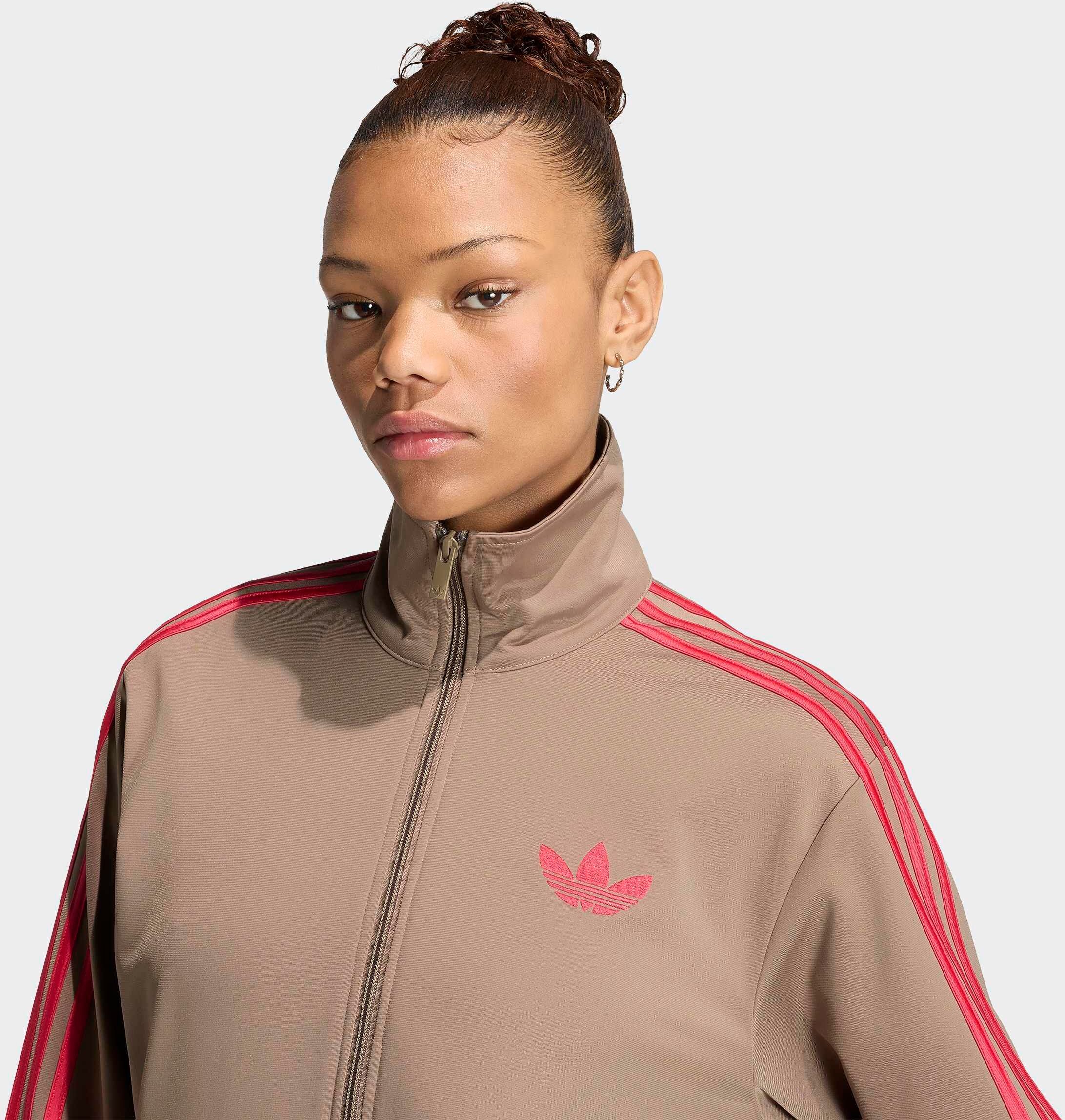Trainingsjacke ADIDAS ORIGINALS "FB TT LOOSE", Damen, Gr. M, khaki six, power pink, Obermaterial: 100% Polyester, Jacken Trainingsjacke, mit FIREBIRD-Design, locker geschnitten khaki six, power pink M