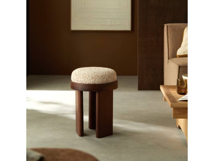 Pouf aus massivem Mangoholz und ecrufarbenem Stoff - Beige - Mango