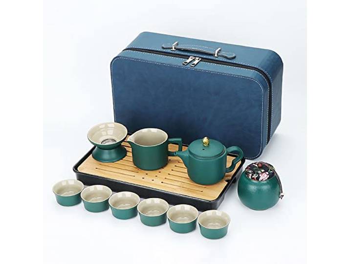PROPFE Smaragd-Reise-Tee-Set, chinesisches Teekannen-Tassen-Set, chinesisches Tee-Set, Reise-Tee-Set, Kung-Fu-Set, tragbare Reisetasche, 7-teiliges Set
