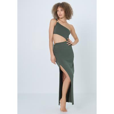 One-Shoulder-Kleid LSCN BY LASCANA, Damen, Gr. 46, N-Gr, grün (thyme), Jersey, Obermaterial: 47% Baumwolle, 47% Modal, 6% Elasthan, unifarben, figurbetont lang, asymmetrischer Ausschnitt, Kleider