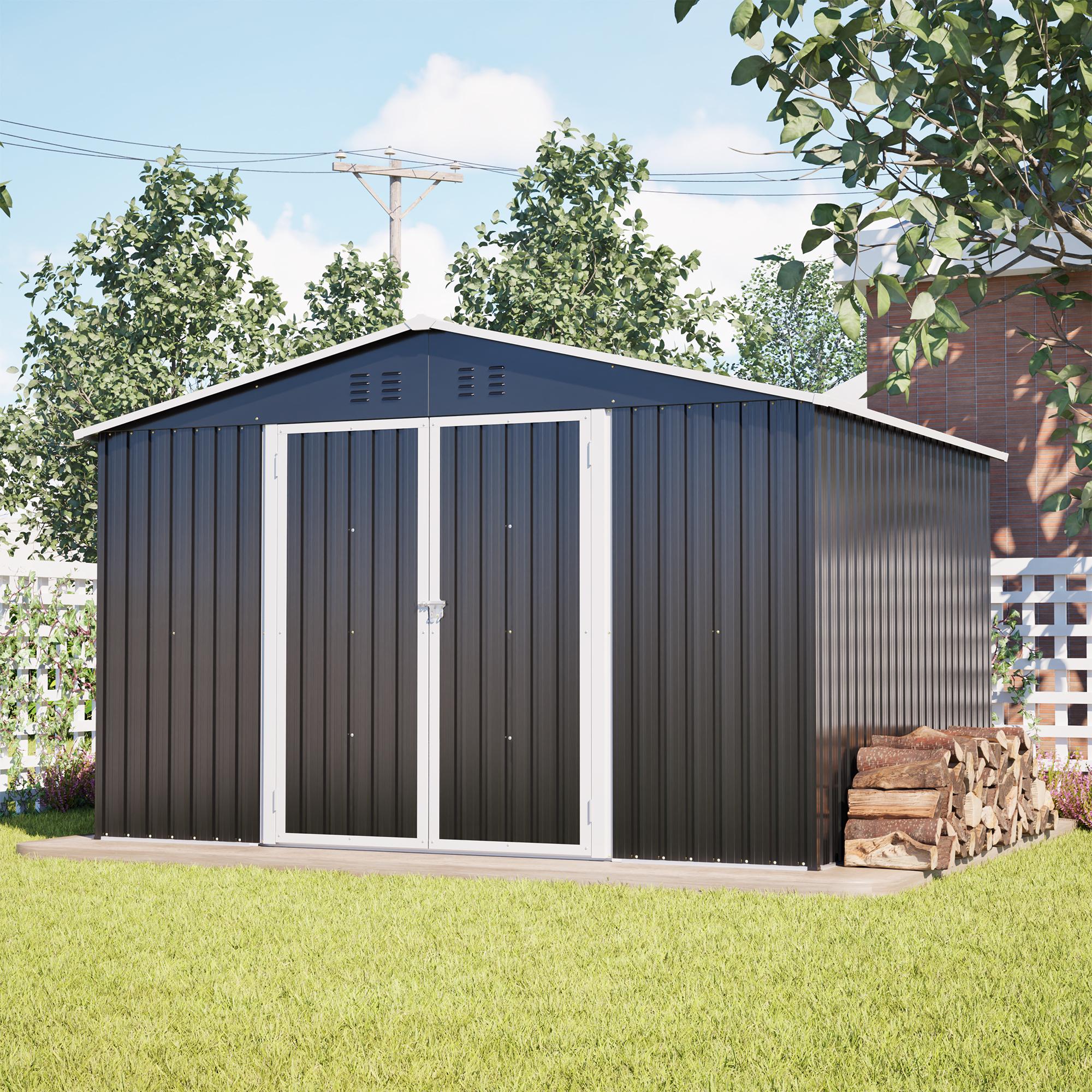 Metall Gartenschuppen 300x252x191cm mit Satteldach, Gartengeräte und -ausrüstung können sicher aufbewahrt werden, Schwarz