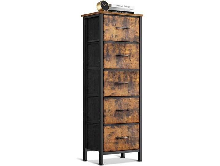 Commode Chambre Adulte Petite Commode Haute Avec 5 Tiroir En Tissu Structure En Acier Robuste Plateau En Bois Idéale Pour La[IN33]