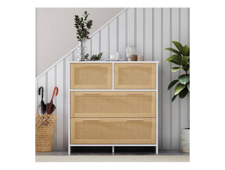 IDEASY Schubkastenkommode Aufbewahrungsschrank, Vitrine, 4 Schubladen, (80*80*38 cm), Schubladenfronten aus Rattan mit Griffen aus Massivholz