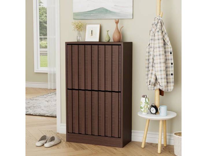 GOOBUY Armoire à Chaussures avec 2 Abattants Meuble à Chaussures Inclinable Étagère Réglables et Amovibles 50x24x86 5cm Marron