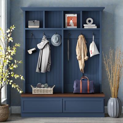 Fundinbaths Farmhouse Entryway Hall Tree with Wood Bench, 2 Drawers, 6 Hooks and Open Shelves, Mudroom Organizer
