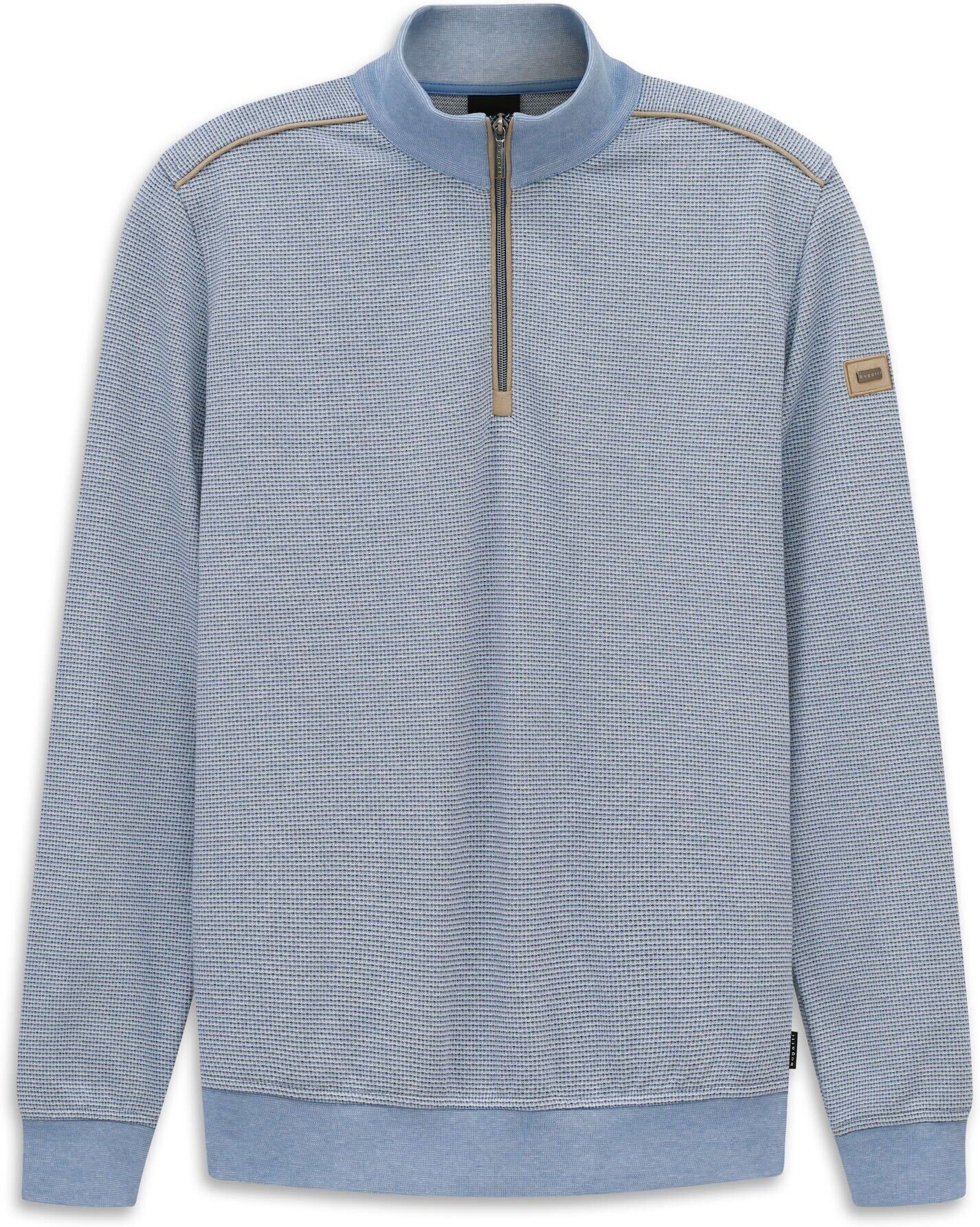 Troyer BUGATTI "Zeitlos", Herren, Gr. S, blau (320, hellblau), Sweatware, 65% Baumwolle, 30% Polyester, 5% Elasthan, unifarben, normal, Pullover Troyer, im Materialmix Modern Fit 320, hellblau S