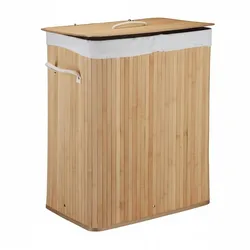 Relaxdays Wäschekorb Bambus mit Deckel, rechteckiger Wäschesammler, 2 Fächer, 95 l Volumen, faltbare Wäschebox, natur
