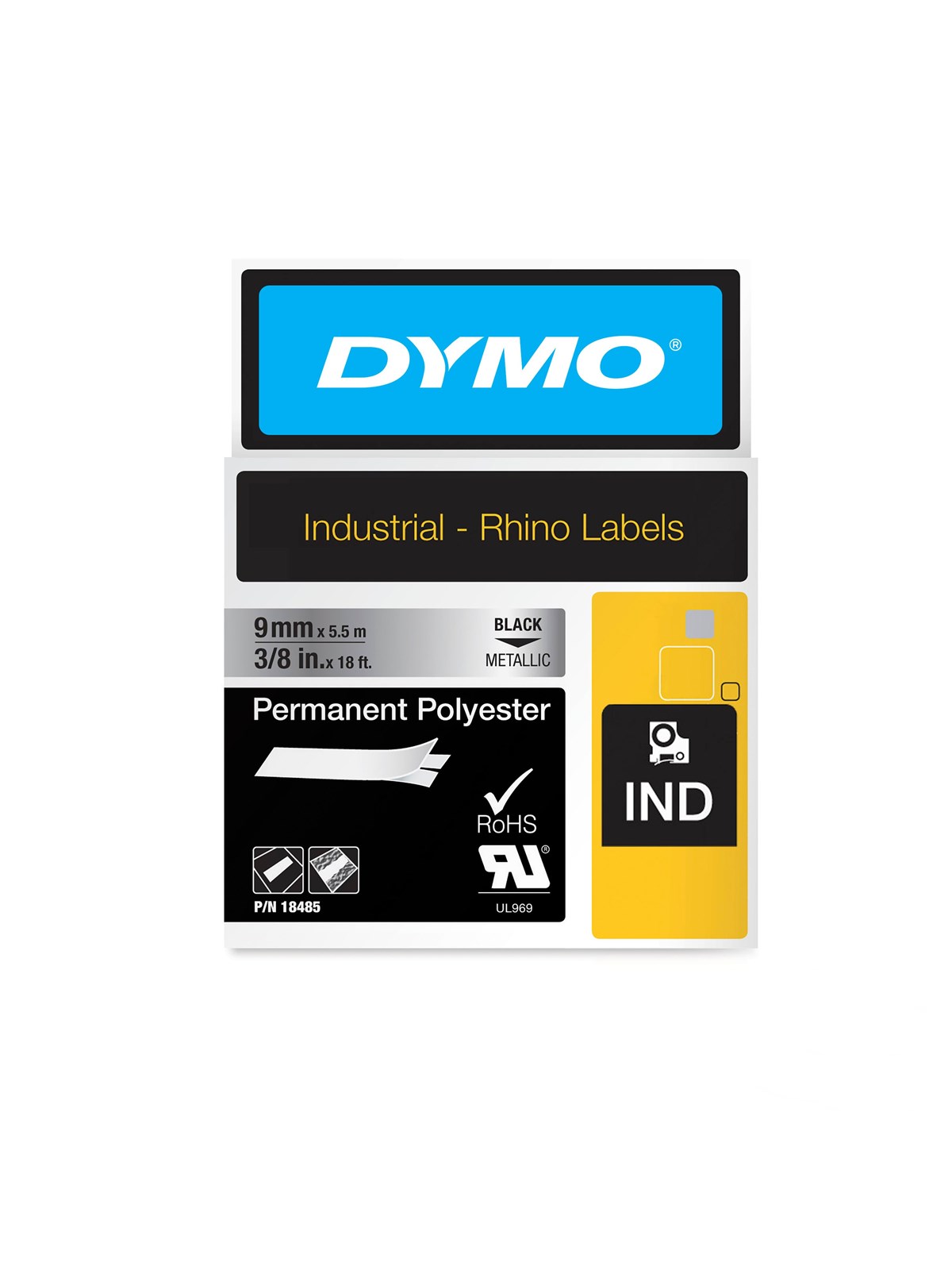 DYMO Rhino Industrie Permanente Polyesteretiketten | 9 mm x 5,5 m | Schwarz auf Metallic