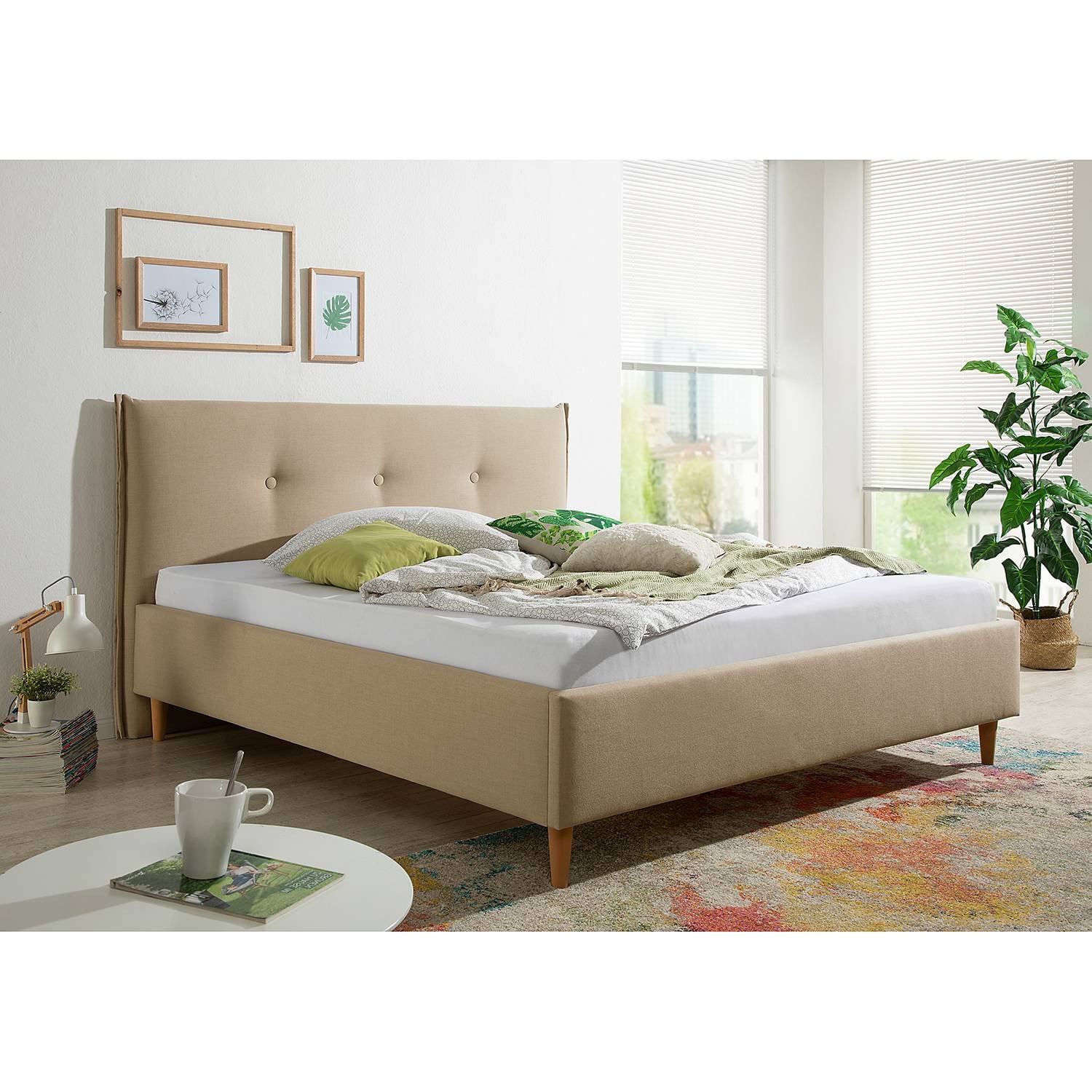 home24 Windham Gestoffeerd bed met structuurstof beige, 180 x 200 cm