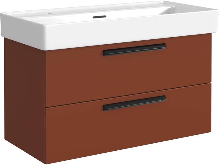 Waschtisch WELLTIME SALVADA, Softclose-Auszüge, Keramikbecken , braun (rot, rot), B:100cm H:62,5cm T:47,6cm, Waschtische, Waschtisch, Rot, Lochbohrung für zwei Armaturen, Anti-Finger-Print