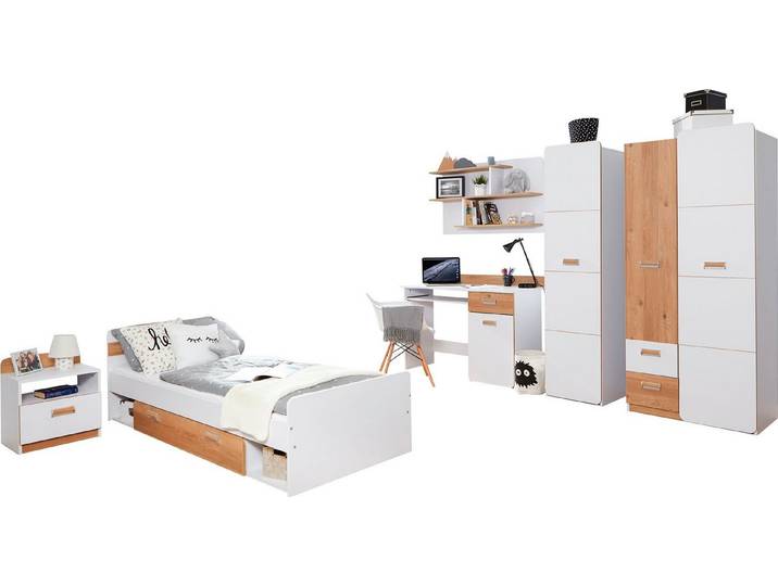 Ticaa Jugendzimmer-Set Lori, (Set, 6-tlg., Bett, Schrank, Schreibtisch, Standregal, Wandregal, Nachttisch), Bett + Schrank + Schreibtisch + Standregal + Wandregal + Nachttisch
