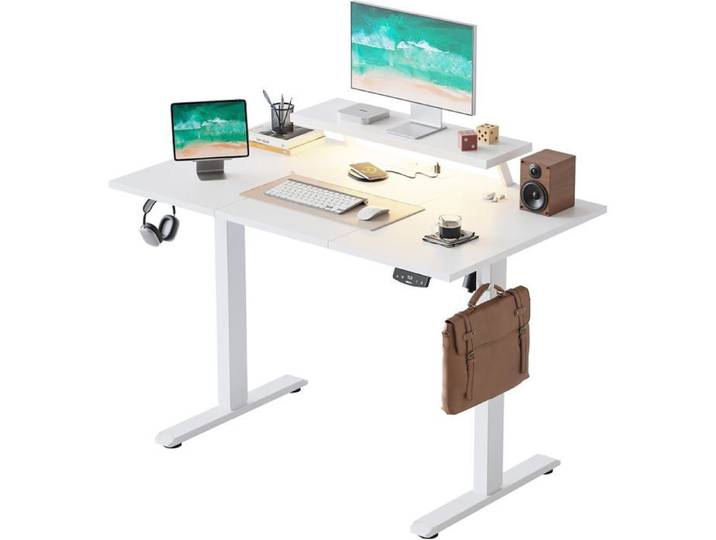 Bureau Assis Debout électrique avec Support écran Mobile Bureau assis debout 120x60cm avec 2 boutons mémoire prise USB Blanc