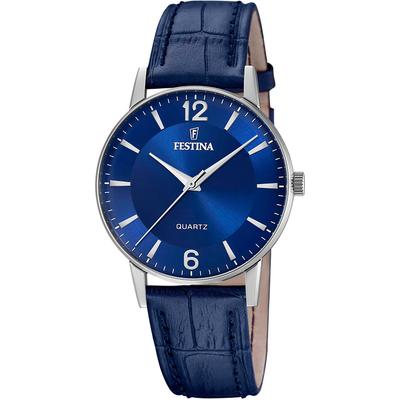 Quarzuhr FESTINA, blau (blau, blau, blau), Armbanduhren, Herren, silberfarben, Quarzuhr, Armbanduhr, Herrenuhr, Lederarmband, analog