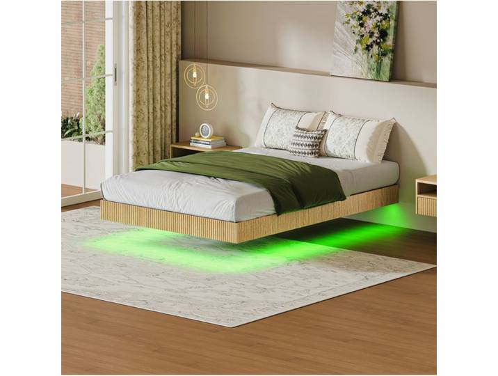 Lit flottant 140 x 200 cm – LED RGB intégrée – Bois rainuré – Chêne clair