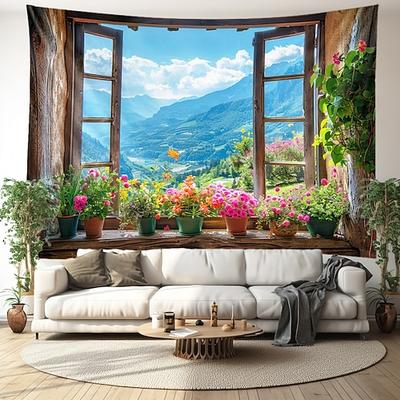 Fenster Bergblick Hängeteppich Wandkunst großer Wandteppich Wandbild Dekor Fotografie Kulisse Decke Vorhang Haus Schlafzimmer Wohnzimmer Dekoration Cottagecore Wandtuch XXL Natur