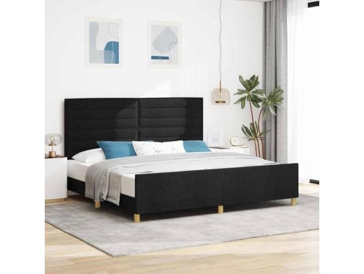 Stoffpolsterung Minimalistisches Plattformbett 200 x 200 cm Schwarz Bettgestell mit Kopfteil Schwarz 200 x 200 cm Stoff Polsterbett Minimalistisch Plattformbett ohne Boxspringmatratze mit
