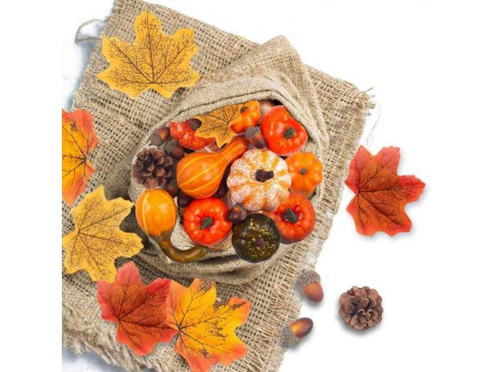 Herbstdeko Set 50-teilig mit Kürbissen und Blättern, Mehrfarbig, Kunststoff, 10 cm, Dekoration, Blumen & Blumentöpfe, Kunstpflanzen