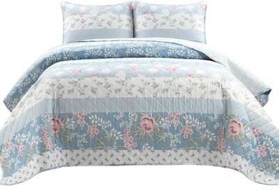 Lush Decor Cottage Core Flower Stripe Oversized Reversible Cotton Quilt 3Pc Set