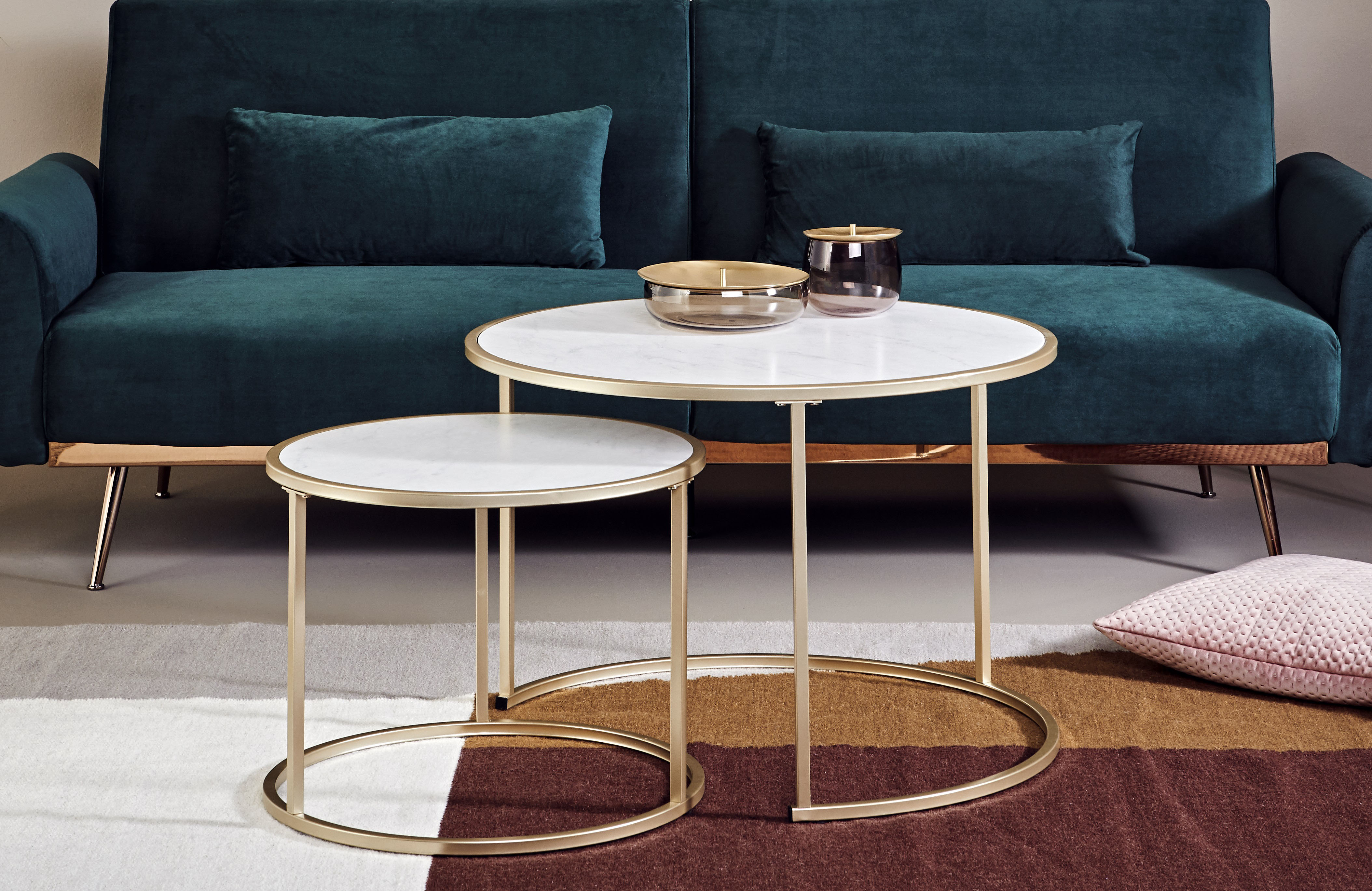 Couchtisch JAHNKE, weiß (gold, marmor weiß, gold, look, marmor, optik), B:73,4cm H:50cm T:73,4cm, Tische, Couchtisch, bestehend aus zwei Tischen, welche auch einzeln gestellt werden können