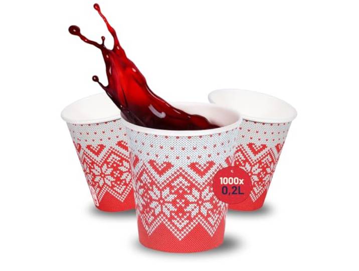 DeinPack 1000 Glühweinbecher 200 ml - Winter Pappbecher mit Schneeflocken Motiv Einweg to go Heißgetränkebecher für Glühwein, Punsch & Tee beschichtete Weihnachtsbecher aus Pappe