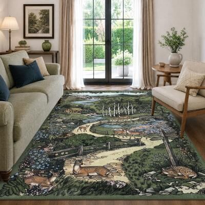 BLUEBELL Vintage Woodland Deer Washable Area Rug, Low Pile Non Slip Botanical Landscape Carpet
