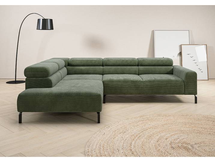 Ecksofa, Cord, Oliv 276×219 cm, Elektrische Sitztiefenverstellung, Modern, Places of Style