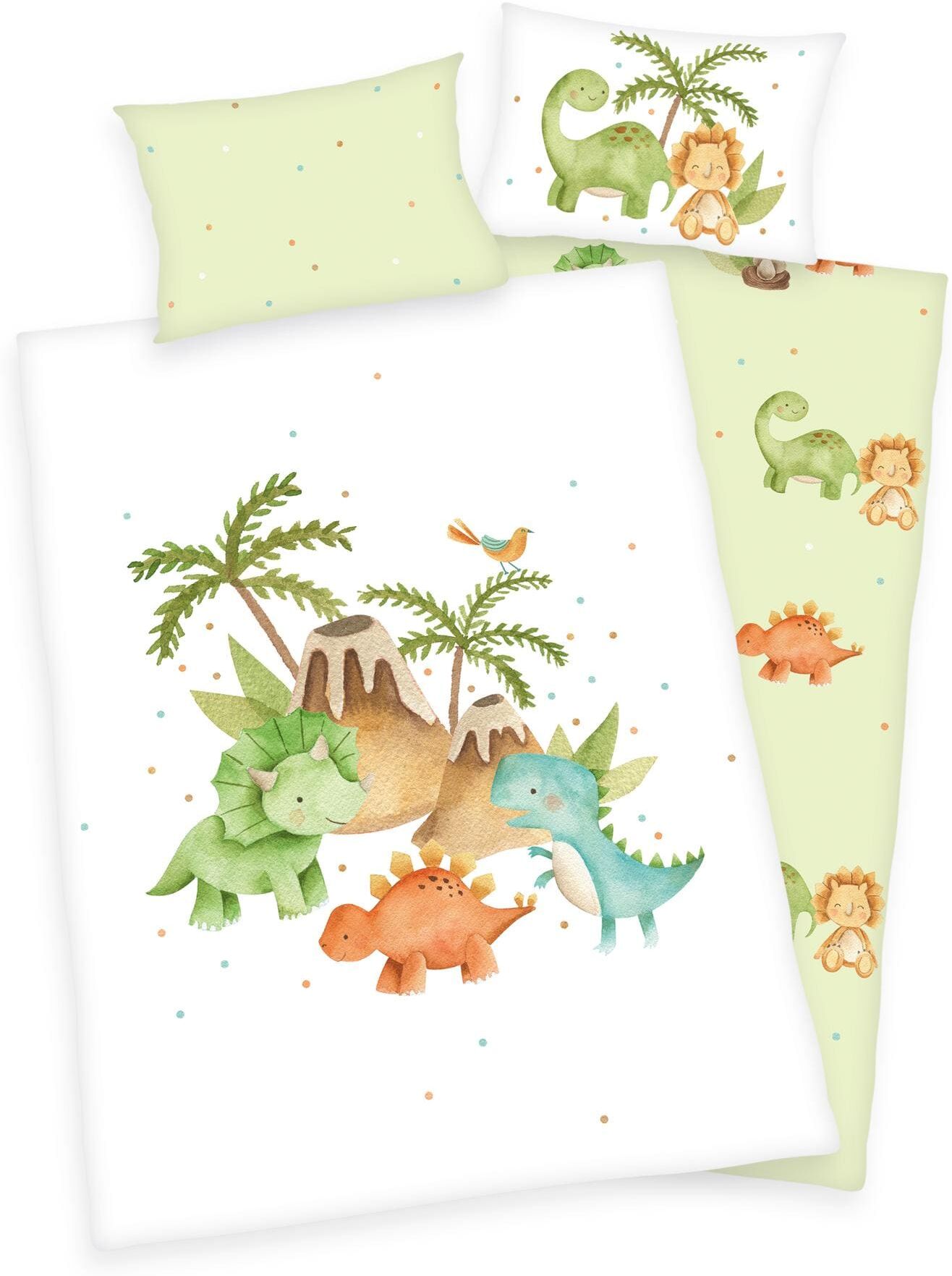 Kinderbettwäsche HERDING "Kinderbettwäsche Dinos 100x", grün (mint), Wolle, B/L:, Wolle, Obermaterial: 100% Baumwolle, Bettwäsche, Kinderbettwäsche mint Wolle, B/L: