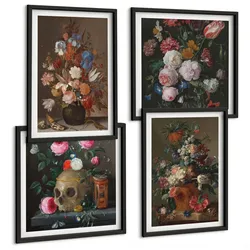 BILDER SET 4er Set - 50x50 cm & 40x60 cm Schwarzer Rahmen - Blumenarrangements in Vasen