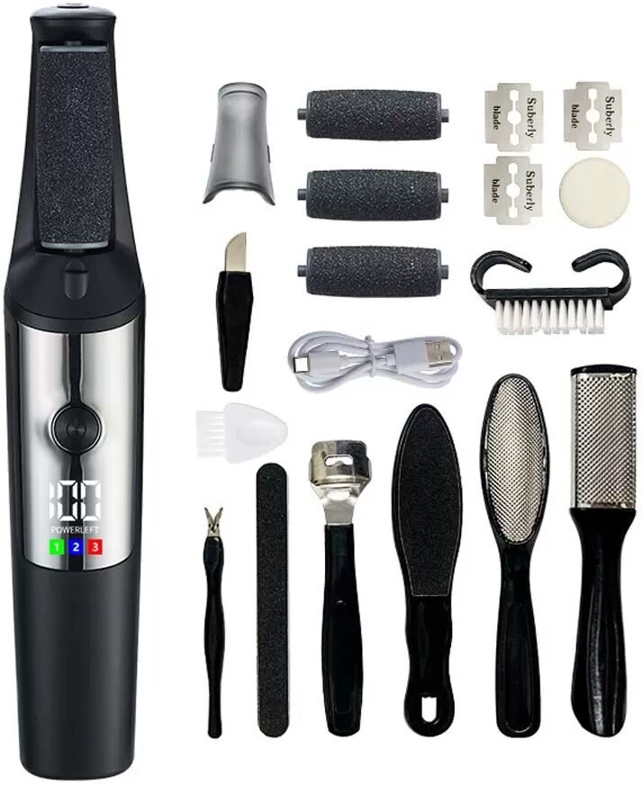 INF Elektrische Hornhautentferner Fußfeile - Automatisches Pediküre-Werkzeug mit 10-teiligem Set Schwarz