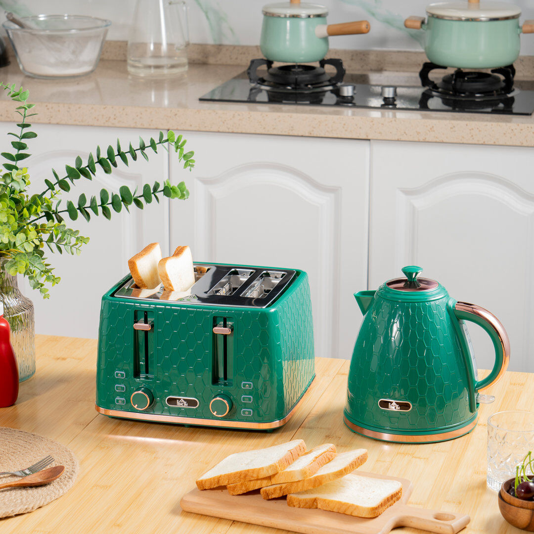 HOMCOM Kettle and Toaster Set with Defrost Reheat and Crumb Tray Green 4 - Slice