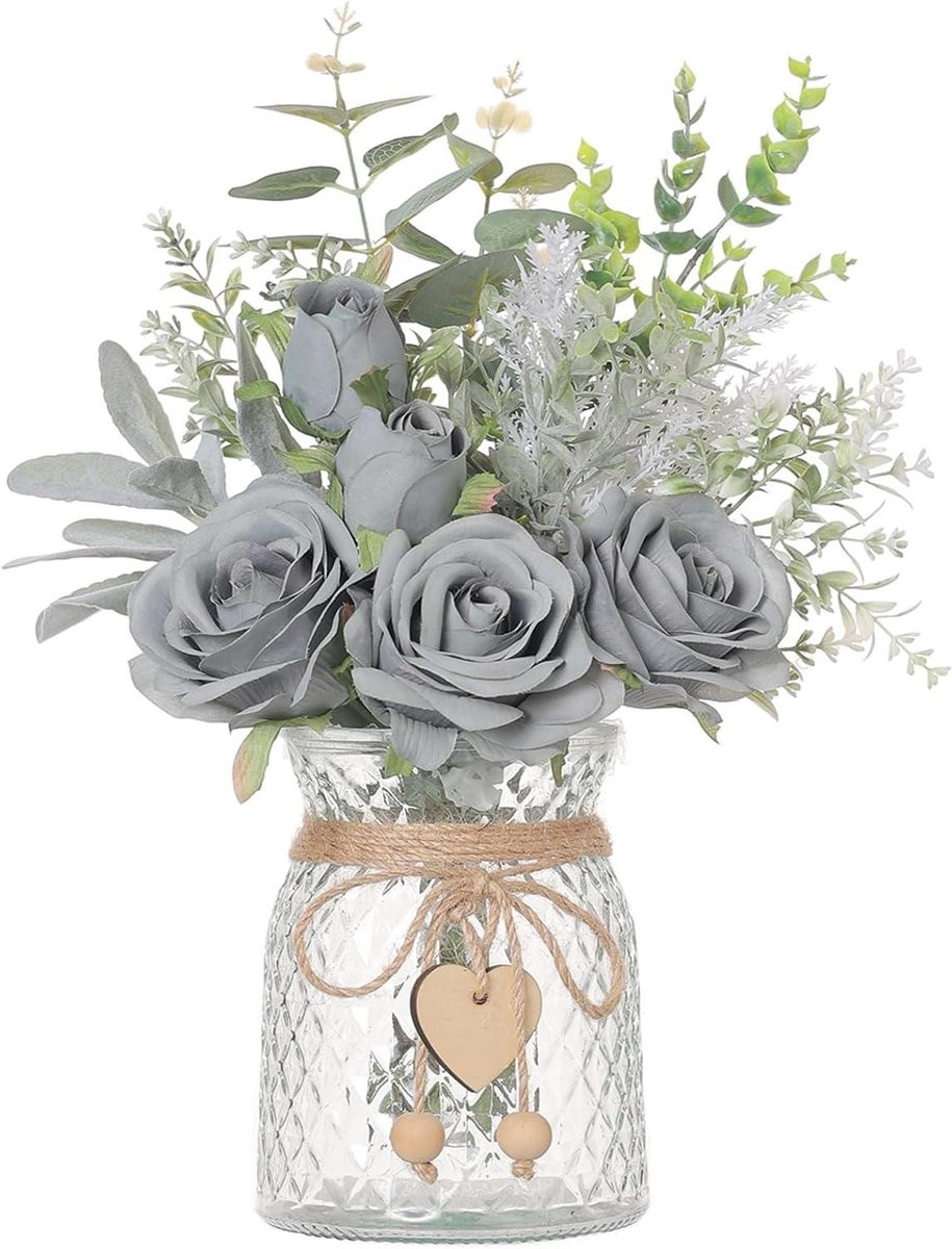 Kunstbloemen met Vaas - Zijden Rozen - Interieur Decoratie - Handgemaakte Bosjes - Hoogte: 37 cm - Groen Roze