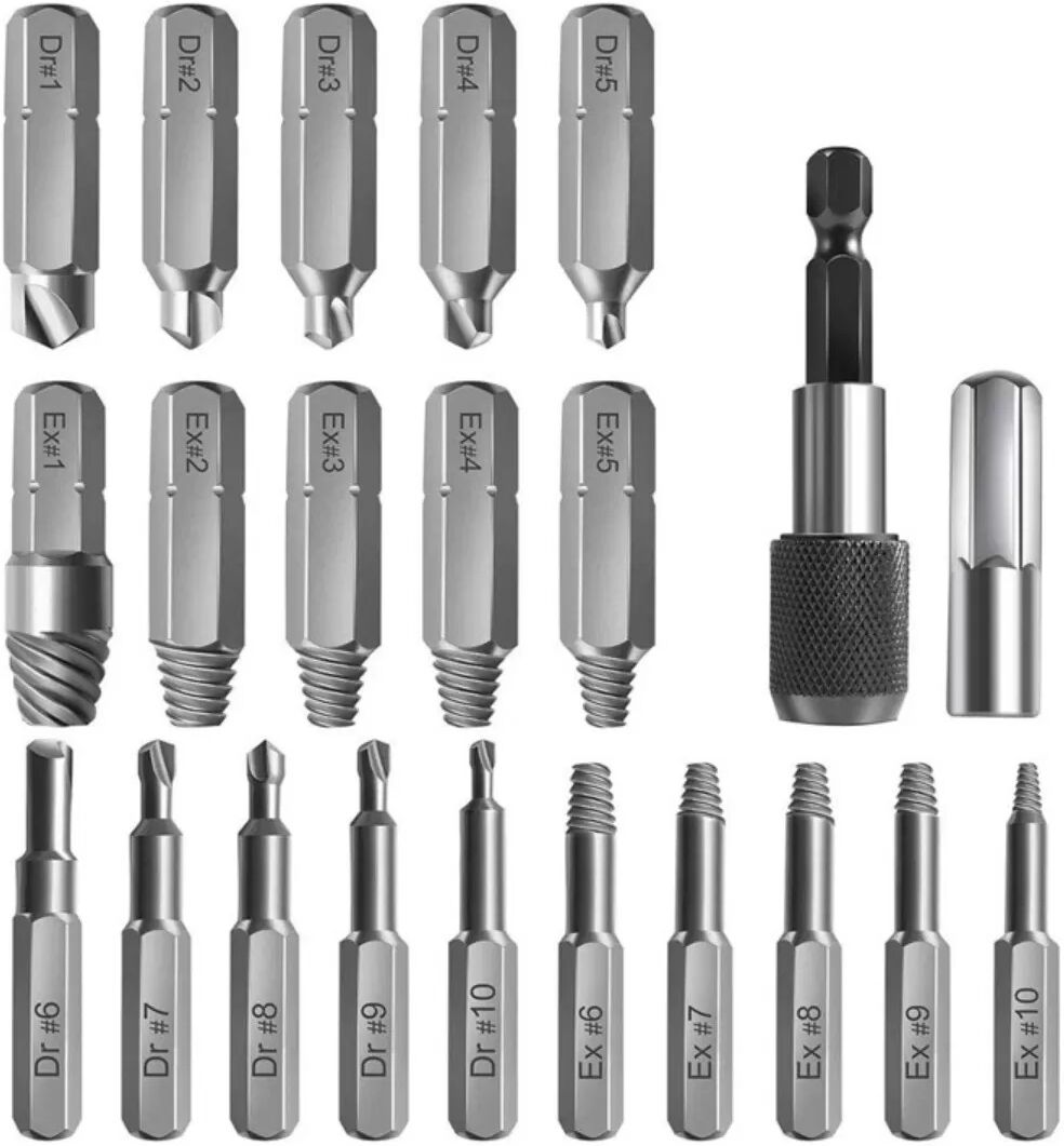 INF 22-teiliges Schraubenausdreher-Set mit gerändeltem Schaft - Hochgeschwindigkeitsstahl, Silberfinish