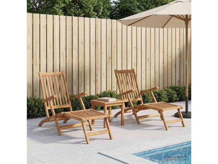 Faltbarer Deckstuhl 2 pcs aus Massivem Teakholz mit 5-fach Verstellbarer Massiv Teakholz, 5 Positionen, klappbar, Fußstütze, Armlehnen, Beistelltisch, für Terrasse, Balkon, Pool