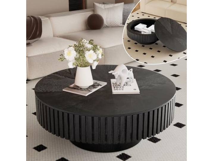 RZTPYS Moderner Runder Couchtisch Mit Stauraum, Black d80cm Minimalistischer Holz-Couchtisch Mit Riffeloptik Und Stabiler Säule, Runder Mittelttisch Für Wohnzimmer, Wohnung Und Büro
