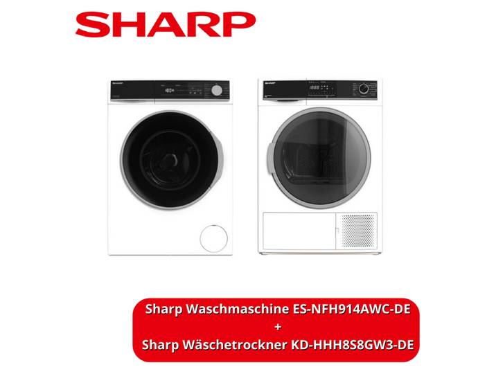 Sharp Set Waschmaschine ES-NFH914AWC-DE + Wäschetrockner KD-HHH8S8GW3-DE