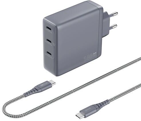 Accsup Carregador Universal Portátil  USB-C x3 GaN 140W + Cabo - Cinzento