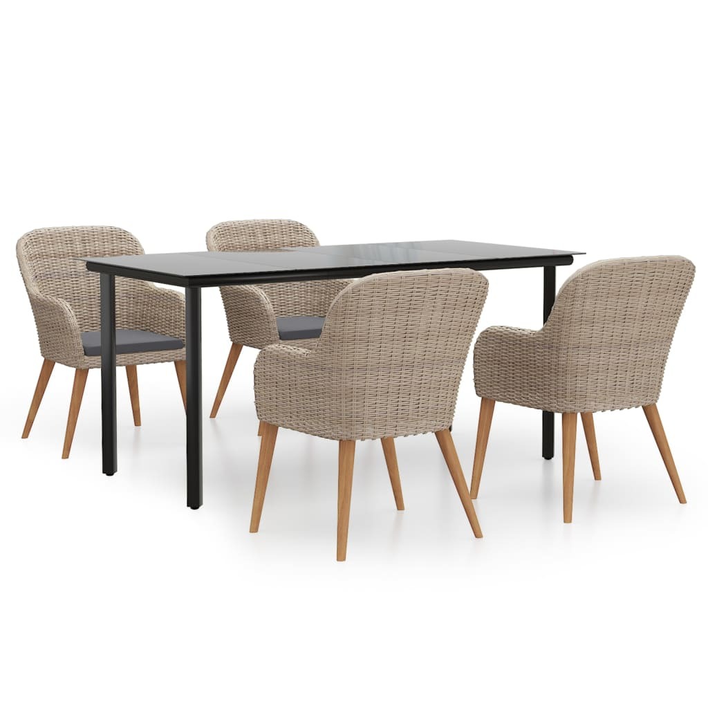 Garten-Essgruppe 5-teilig, Akazienholz & Poly Rattan, Outdoor-Möbel mit gehärteter Glasplatte, 4 Stühle mit dunkelgrauen Kissen, Braun/Schwarz