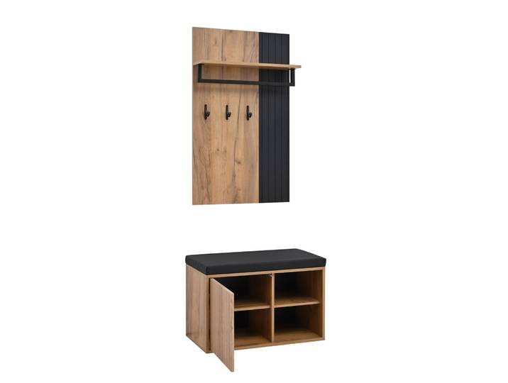 Meuble d’entrée avec banc à chaussures, porte-manteau, noir