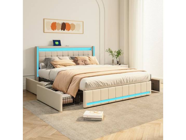 Structure de Lit - Lit 140x190 cm - Lit Adulte - Lit Double - LED et USB - lit double 140x190- Beige