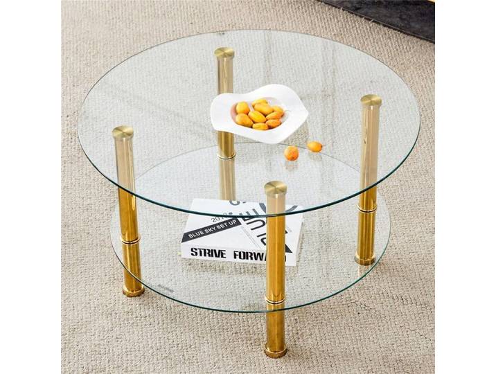 Table Basse Ronde en Verre Trempé Double Plateau Table Basse Salon Moderne Minimaliste Transparente avec Pieds Métal Doré 70x42 cm